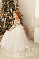 Modest Long Princess Tulle Lace Appliques flower girl dress with sleeves-misshow.com