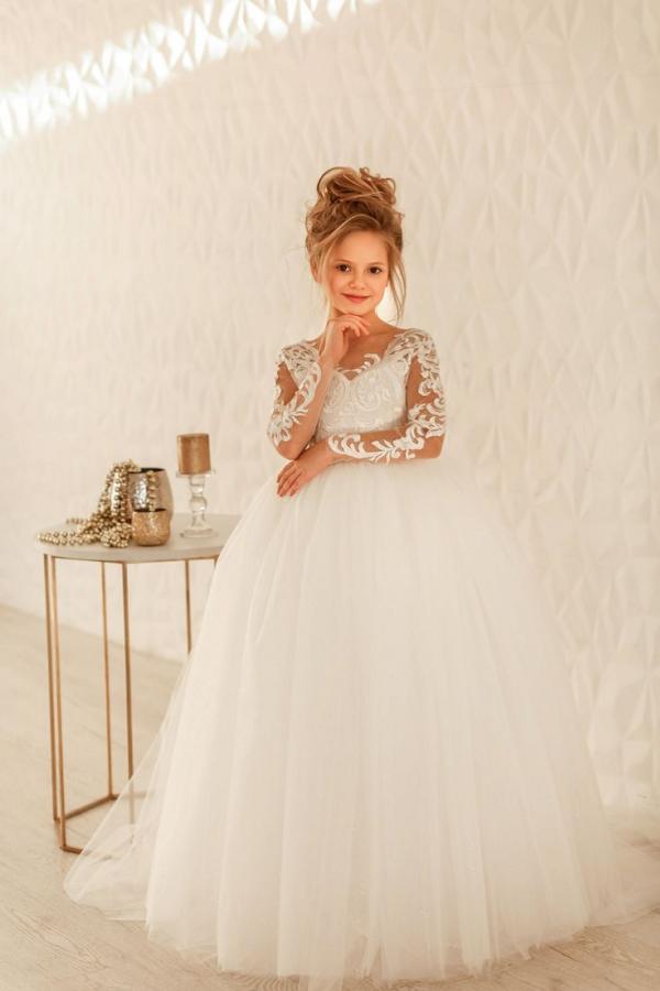 Modest Long Princess Tulle Lace Appliques flower girl dress with sleeves-misshow.com