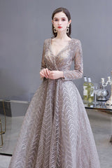 Looking for Prom Dresses,Evening Dresses,Homecoming Dresses,Quinceanera dresses in Tulle,Lace, A-line style, and Gorgeous Draped,Pearls,Sequined,Rhinestone work  MISSHOW has all covered on this elegant Modest Long Sleeves V-Neck Princess Prom Dress Sequined Aline Party Gown.