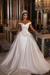 Modest Off-the-Shoulder Satin Wedding Dress with Detachable Sweep Train-misshow.com