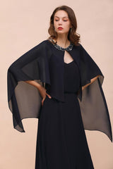 Navy Blue Bridesmaid Dress with Beading Wraps Floor Length Chiffon Maid of Honor Dress-misshow.com