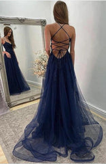 Navy Blue Halter Front Slit Spaghetti Straps A-Line Tulle Prom Dress-misshow.com