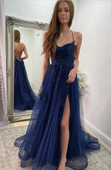 Navy Blue Halter Front Slit Spaghetti Straps A-Line Tulle Prom Dress-misshow.com