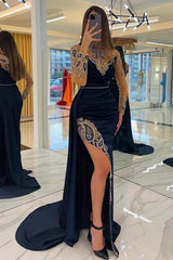 Navy Blue Long Glitter Evening Dresses Prom Dresses With Sleeves-misshow.com