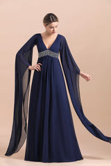 Navy Long Sleeve Chiffon Mother Of the Bride Dress With Ruffles Online-misshow.com