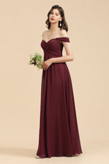 New Arrival A-line Off-the-shoulder Sweetheart Burgundy Long Bridesmaid Dress-misshow.com