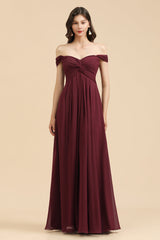 New Arrival A-line Off-the-shoulder Sweetheart Burgundy Long Bridesmaid Dress-misshow.com