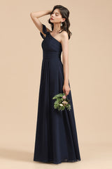 New Arrival Black One Shoulder A-line Long Bridesmaid Dress-misshow.com