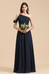 New Arrival Black One Shoulder A-line Long Bridesmaid Dress-misshow.com