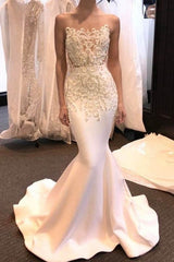 New-Arrival Sheer Neck Sleeveless Sweep Train Satin Pretty Mermaid Elegant Wedding Dresses