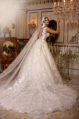 New Elegant Long A-line V-neck Sleeveless Wedding Dresses With Lace-misshow.com