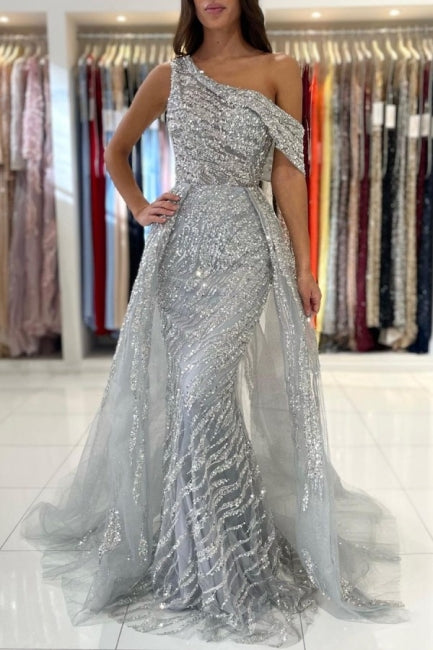 Noble oneshoulder sleeveless mermaid lace prom dress sequied-misshow.com