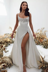 Noble square sleeveless a-line satin Wedding dress with pearls-misshow.com