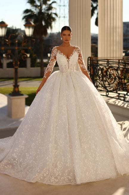 Noble sweetheart 3/4 length sleeves ball gown lace wedding dress rhinestones-misshow.com