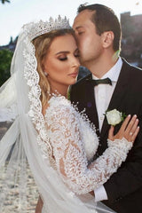 Noble vneck longsleeves mermaid lace Wedding dresses-misshow.com