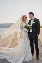 Noble vneck longsleeves mermaid lace Wedding dresses-misshow.com