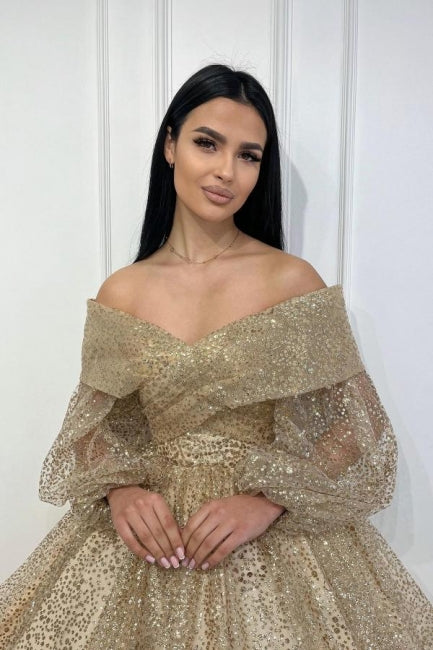 Obsessing Gold A-line Off-the-shoulder Sequined Prom Dress with Long Sleeves