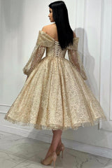 Obsessing Gold A-line Off-the-shoulder Sequined Prom Dress with Long Sleeves