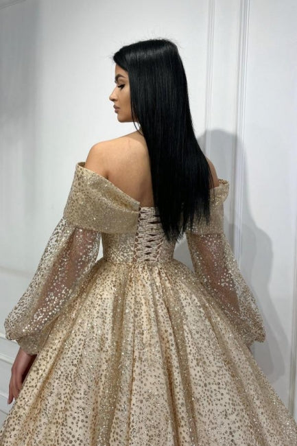 Obsessing Gold A-line Off-the-shoulder Sequined Prom Dress with Long Sleeves