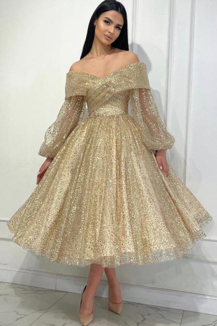 Obsessing Gold A-line Off-the-shoulder Sequined Prom Dress with Long Sleeves