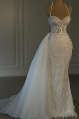 Obsessing Long Ivory Mermaid Halter Lace Beading Sleeveless Wedding Dress