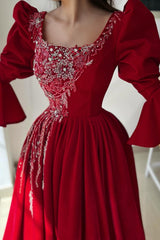 Obsessing Long Red A-line Square Neck Lace Prom Dress with Long Sleeves