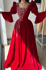 Obsessing Long Red A-line Square Neck Lace Prom Dress with Long Sleeves