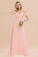 Looking for Bridesmaid Dresses in 100D Chiffon, A-line style, and Gorgeous Lace work  MISSHOW has all covered on this elegant Off Shoulde straps Aline Bridesmaid Dress Chiffon Maid of Honor Dress.