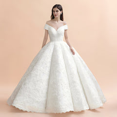 Off Shoulder Floor Length Bridal Gowns Lace Appliques Chapel Train Wedding Dress-misshow.com