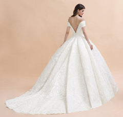 Off Shoulder Floor Length Bridal Gowns Lace Appliques Chapel Train Wedding Dress-misshow.com