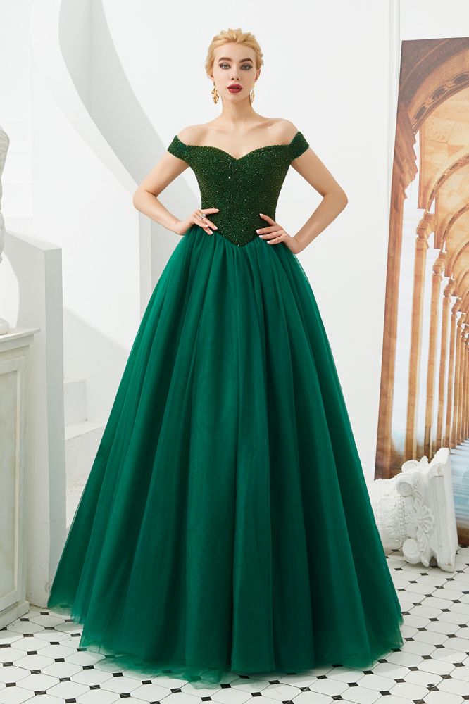 Looking for Prom Dresses,Evening Dresses,Homecoming Dresses,Quinceanera dresses in Tulle, A-line,Ball Gown,Princess style, and Gorgeous Beading,Rhinestone work  MISSHOW has all covered on this elegant Off the Shoulder aline Princess Ball Gown Tulle Floor Length Beadings Party Gown Lace-up.