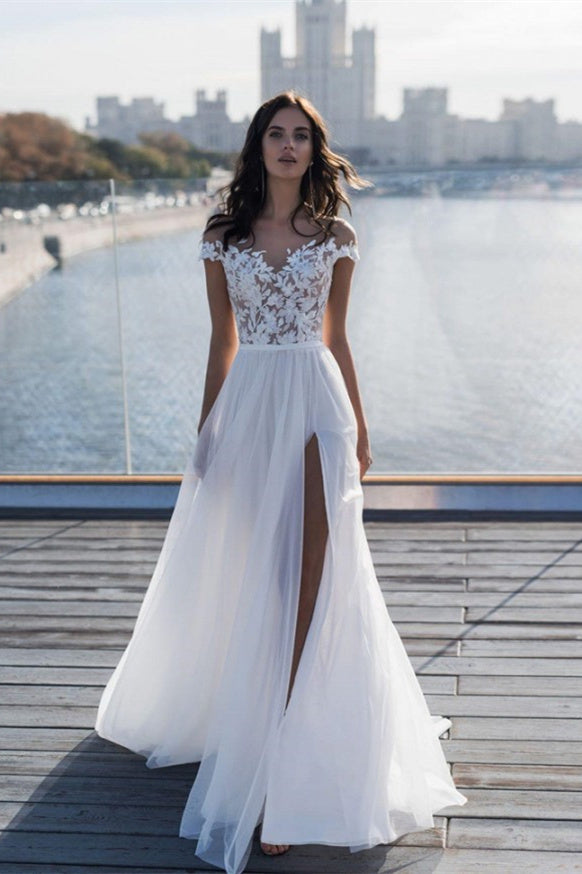 Off The Shoulder Appliques A-line Wedding Dresses | Side Split Tulle Bridal Gowns-misshow.com