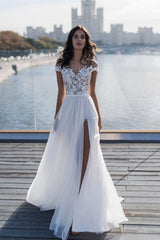 Off The Shoulder Appliques A-line Wedding Dresses | Side Split Tulle Bridal Gowns-misshow.com