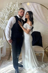 Off the Shoulder Chapel Sequined Floor Length Wedding Dress-misshow.com