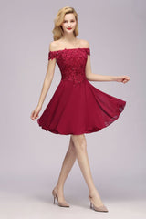 MISSHOW offers Off the Shoulder Floral Lace Short Homecoming Dress Burgundy Knee Length Chiffon Evening Dress at a good price from Misshow