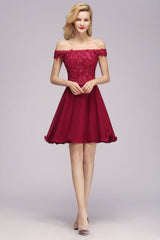 MISSHOW offers Off the Shoulder Floral Lace Short Homecoming Dress Burgundy Knee Length Chiffon Evening Dress at a good price from Misshow