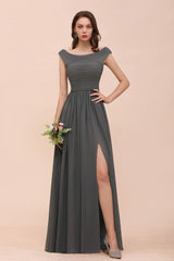 Off the Shoulder Front Side Split Bridesmaid Dress A-line Wedding Guest Dress-misshow.com