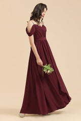 Off-the-Shoulder Sweetheart Burgundy Long Bridesmaid Dress With Slit-misshow.com