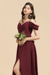 Off-the-Shoulder Sweetheart Burgundy Long Bridesmaid Dress With Slit-misshow.com