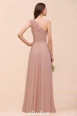 One Shoulder Chiffon Bridesmaid Dress Dusty Pink Wedding Guest Dress for Bride-misshow.com