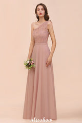 One Shoulder Chiffon Bridesmaid Dress Dusty Pink Wedding Guest Dress for Bride-misshow.com