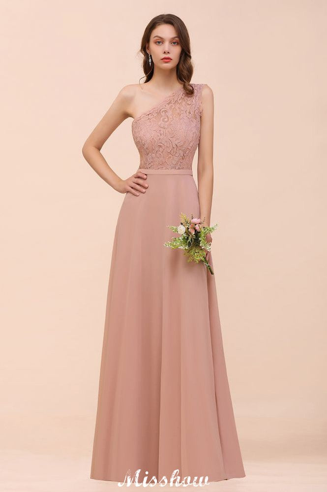 One Shoulder Chiffon Bridesmaid Dress Dusty Pink Wedding Guest Dress for Bride-misshow.com