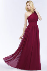 Looking for Bridesmaid Dresses in 30D Chiffon, A-line style, and Gorgeous Ruffles work  MISSHOW has all covered on this elegant One-shoulder Floor Length Burgundy Ruffled Chiffon A-line Bridesmaid Dresses