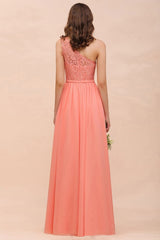 One Shoulder Floral Bridesmaid Dress Side Split Formal Wedding Guest Dress with Pocket-misshow.com