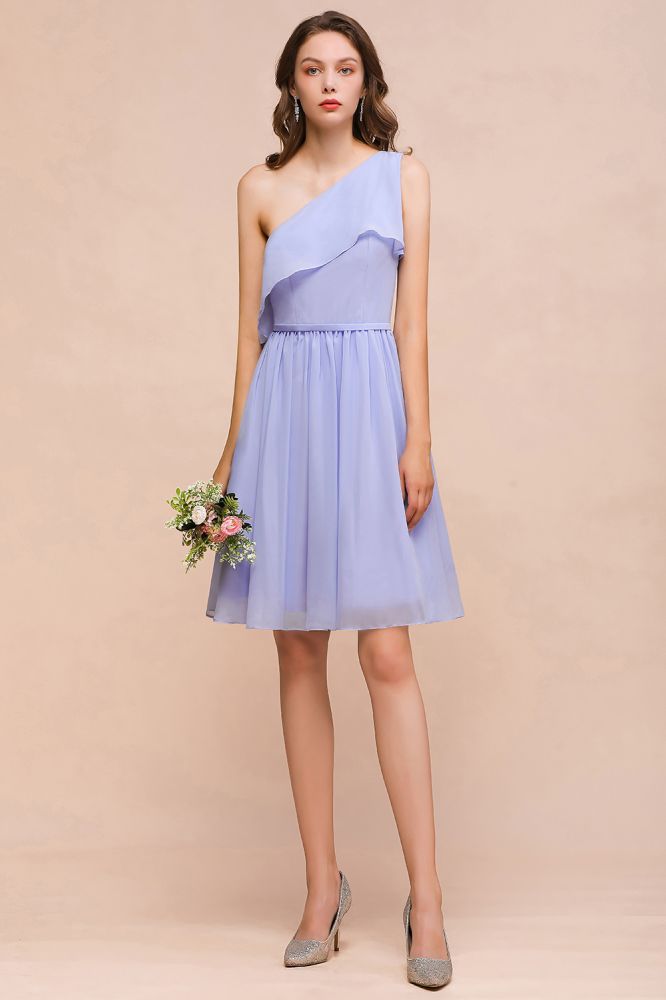 One Shoulder Lavender Mini Bridesmaid Dress Chiffon Knee Length Simple Daily Dress-misshow.com