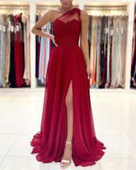 One Shoulder Red Prom Dress Floor Length Sleeveless Maxi Dress with Front Slit-misshow.com