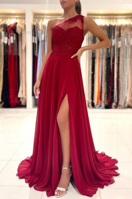 One Shoulder Red Prom Dress Floor Length Sleeveless Maxi Dress with Front Slit-misshow.com