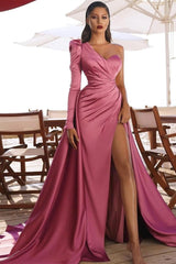 One Shoulder Satin Side Split Prom Gowns with Sweep Train-misshow.com