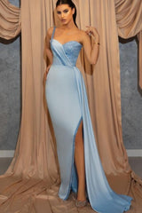 One Shoulder Sequins Sweetheart Sheath Split Prom Dress With Side Train-misshow.com