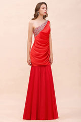 One Shoulder Strech Satin Red Ruffle Bridesmaid Dress Floor Length/Mini Party Dress-misshow.com